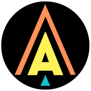 A colourful logo like an Arrow on a black background with the letter A in the middle